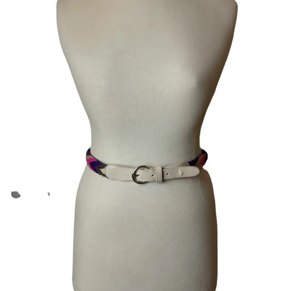Beige Faux Leather & Multicolor Woven Yarn Belt 33